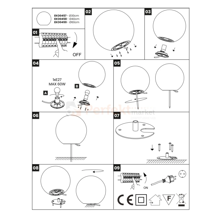 Lampa kula ogrodowa 60 cm biała GLOBO EKO0459 E27 schemat montażu perfektmarket.webp