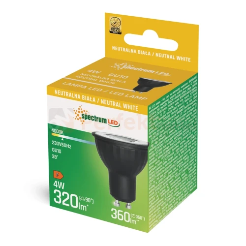 Żarówka LED GU10 z czarną obudową 230V 4W 4000K soczewka 38 stopni box perfektmarket.webp