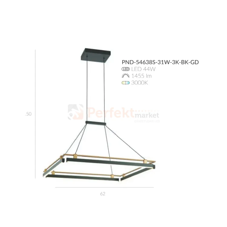 Merlot 44W LED świecący kwadrat PND-54638S-44W-3K-BK-GD wymiar.webp