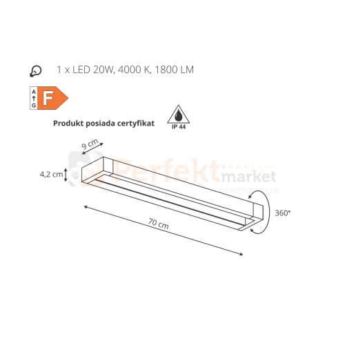 Kinkiet łazienkowy LED IP44 CARGO reguowany biały LP-1173 1W 20W WH  wymiary perfektmarket.webp