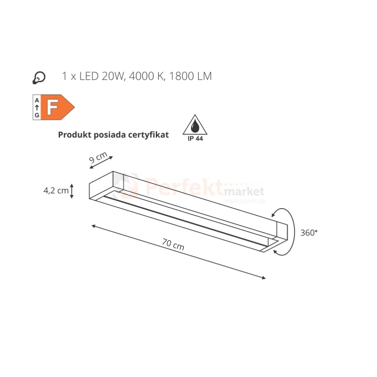 Kinkiet łazienkowy LED IP44 CARGO reguowany biały LP-1173 1W 20W WH  wymiary perfektmarket.webp