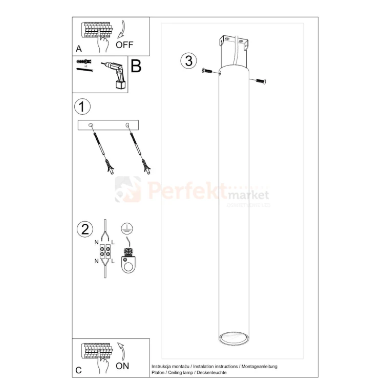 Nowoczesna lampa sufitowa spot walec Lagos 60 cm montaż Sollux perfektmarket.webp