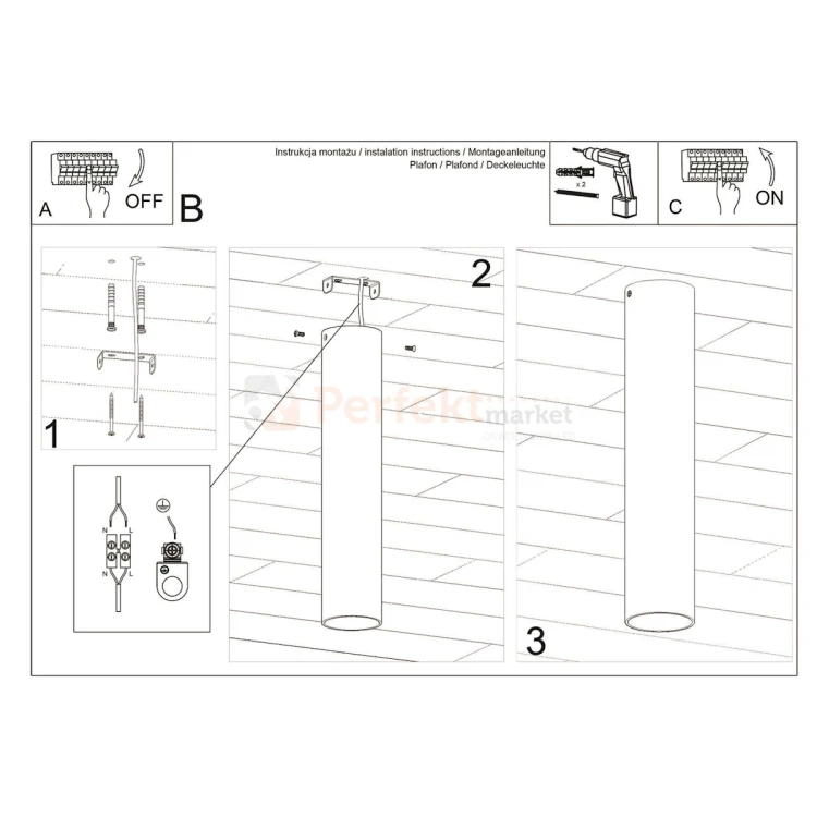 Nowoczesna lampa sufitowa spot walec Lagos 30 cm schemat montażu Sollux perfektmarket.webp