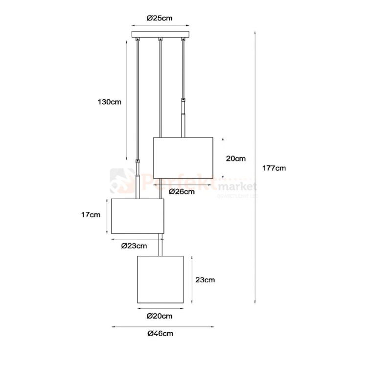 lampa wisząca tkaninowa potrójna bawełna MAYA lucide 45409-13-38 wymiary perfektmarket.webp
