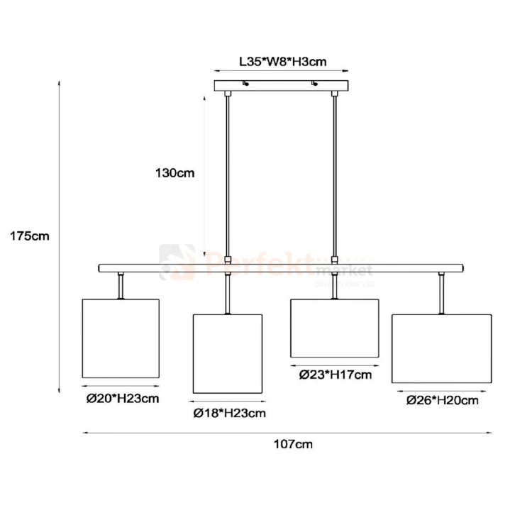 Lampa wisząca MAYA poczwórna tkaninowa Lucide 45409 04 38 wymiary perfektmarket.webp