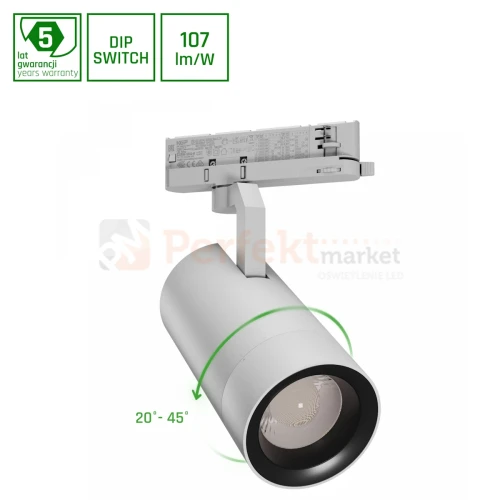 Oprawa PAVA 2 LED 19-42W 4000K 20-45° 1800-3200lm na szynę 3 fazową regulacja kąta świecenia biała perfektmarket.webp