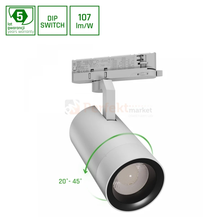 Oprawa PAVA 2 LED 19-42W 4000K 20-45° 1800-3200lm na szynę 3 fazową regulacja kąta świecenia biała perfektmarket.webp