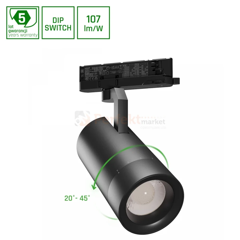 Oprawa PAVA 2 LED 19-42W 4000K 20-45° 1800-3200lm na szynę 3 fazową regulacja kąta świecenia biała montaż perfektmarket.webp