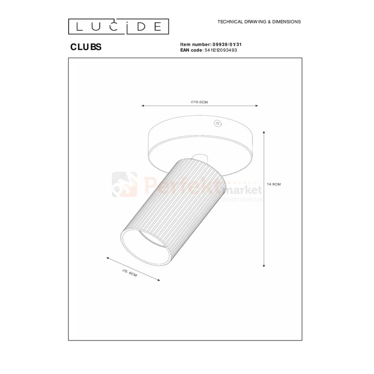 Lampa sufitowa spot regulowany CLUBS LUCIDE GU10 09939-01-31 1 wymiary perfektmarket olsztyn.webp