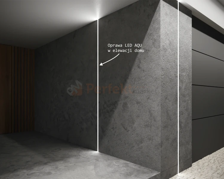 Oprawa hermetyczna LED IP68 liniowa do łazienki, podbitki, podjazdu AQU srebrna przykłady zastosowań zewnątrz pionowa elewacja perfektmarket.webp