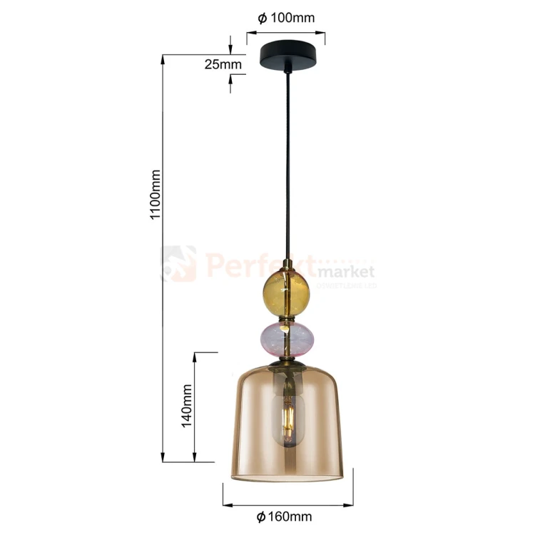 Lampa wisząca Tropea 1xE27 bursztynowa, kolorowe klosze mała LP-2004 1P S AM wymiary perfektmarket.webp
