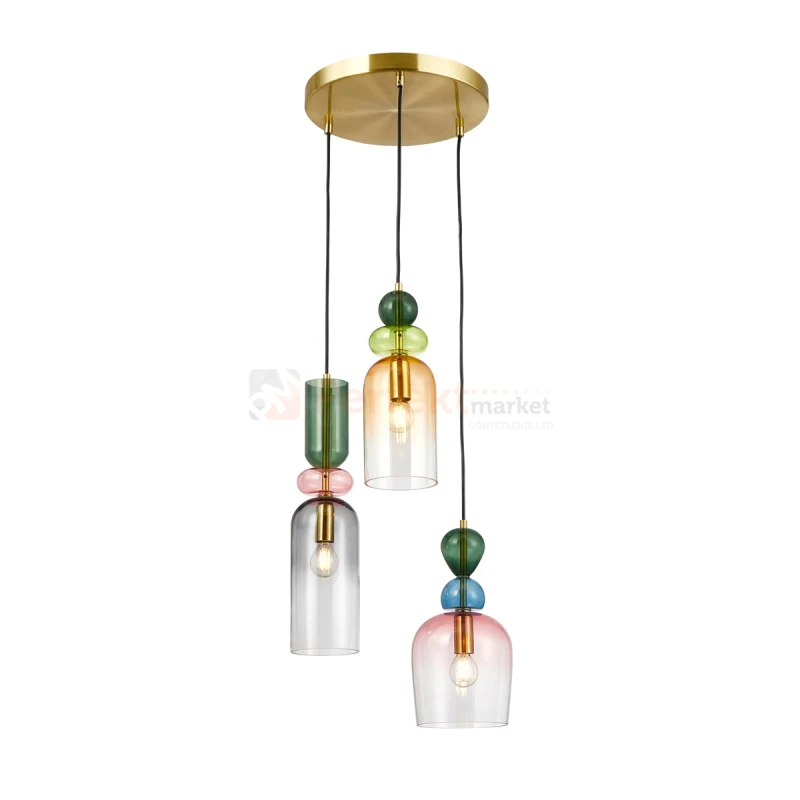Lampa wisząca kolorowa szklane klosze vintage Manso PND-37462-3A-MC-GD