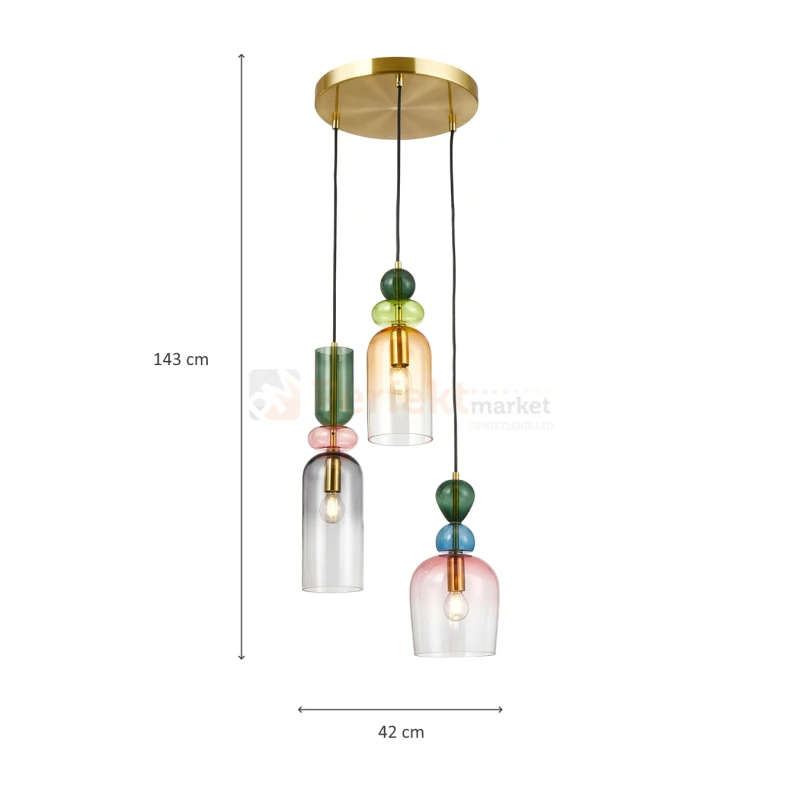 Lampa wisząca kolorowa szklane klosze vintage Manso PND-37462-3A-MC-GD