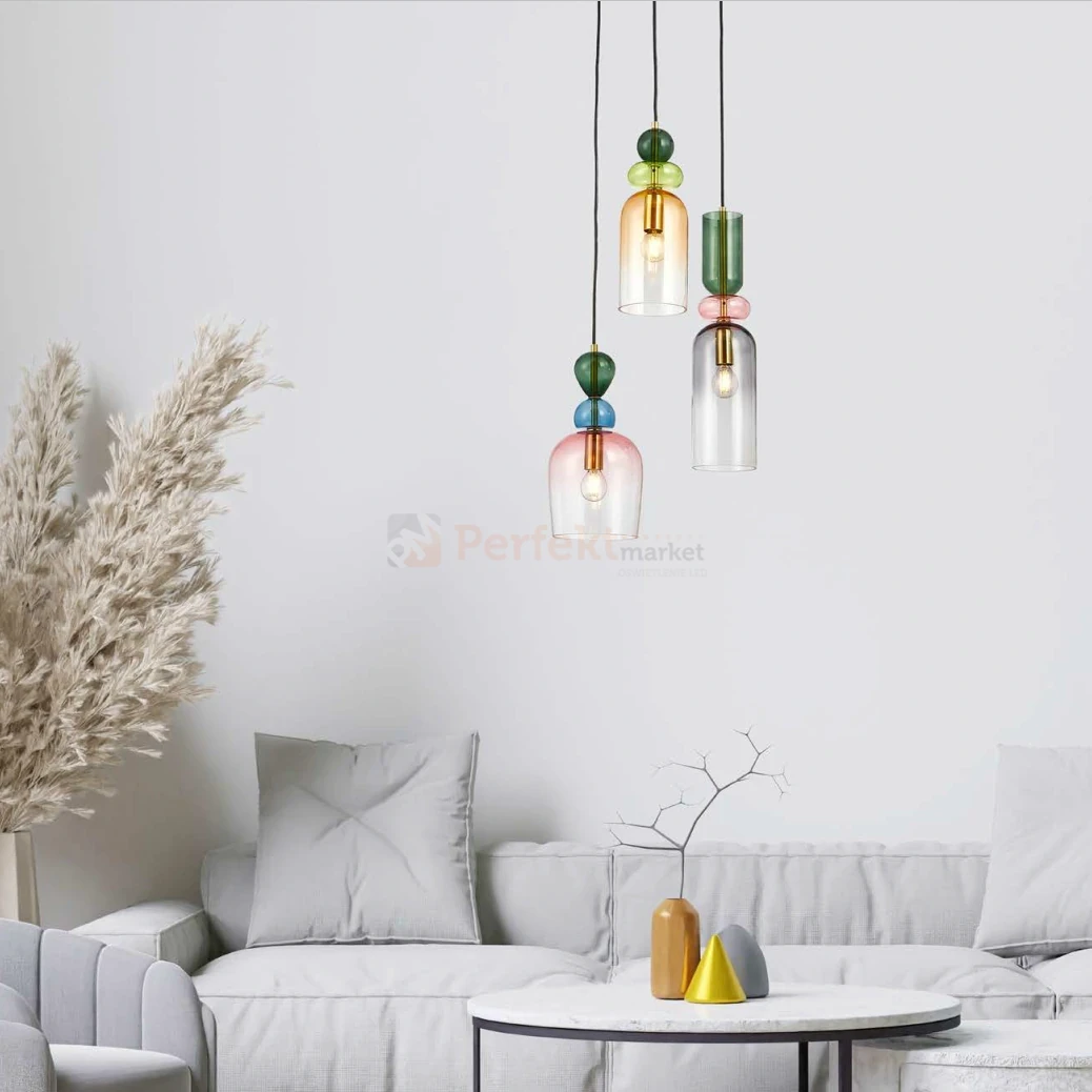 Lampa wisząca kolorowa szklane klosze vintage Manso Italux PND-37462-3A-MC-GD aranżacja perfektmarket.webp
