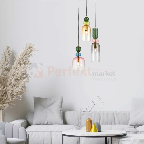 Lampa wisząca kolorowa szklane klosze vintage Manso Italux PND-37462-3A-MC-GD aranżacja perfektmarket.webp