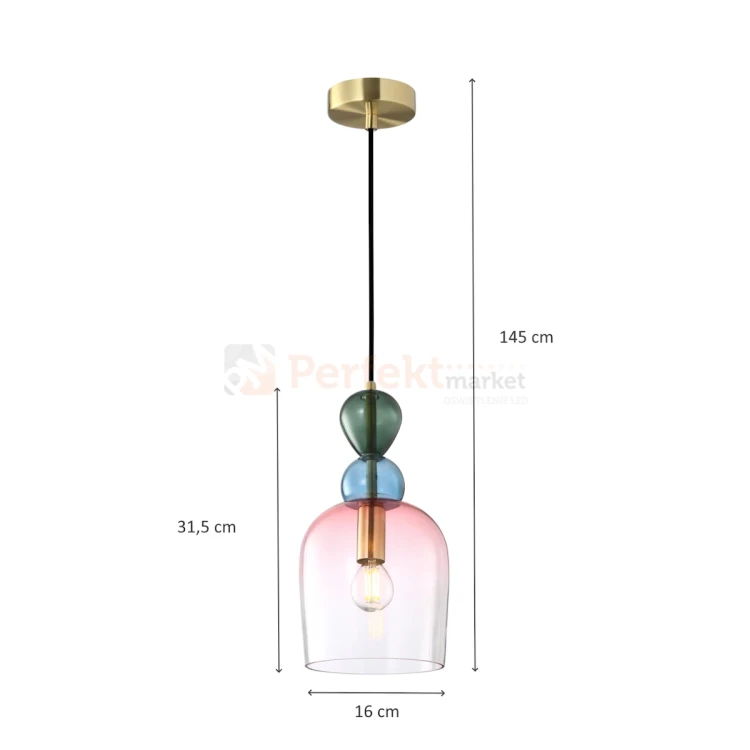 Lampa wisząca kolorowa szklany klosz vintage Manso PND-37462B-MC-GD wymiary perfektmarket.webp