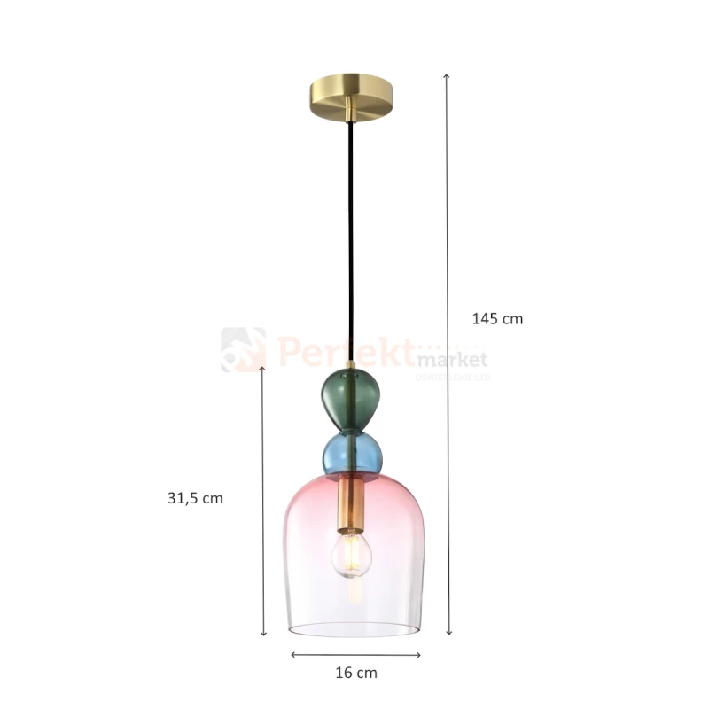 Lampa wisząca kolorowa szklany klosz vintage Manso PND-37462B-MC-GD