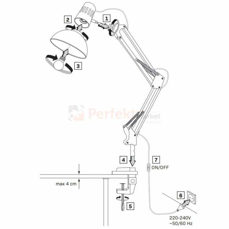 Lampka biurkowa WORKER kreślarska biała E27 327536 instrukcja perfektmarket.webp