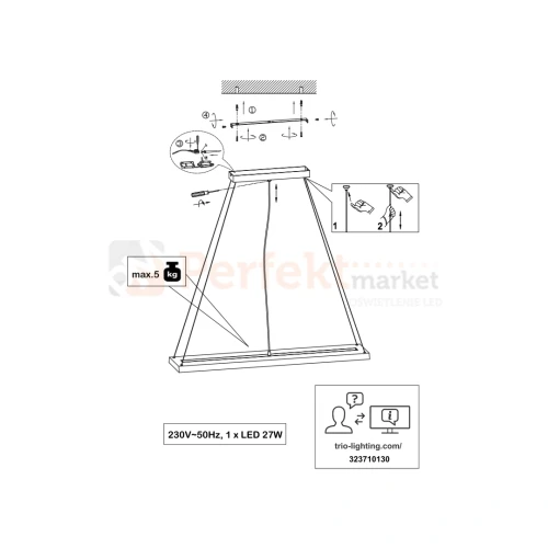 Lampa wisząca LED drewno belka TRIO BRAD 27W 3000K dimm instrukja perfektmarket.webp