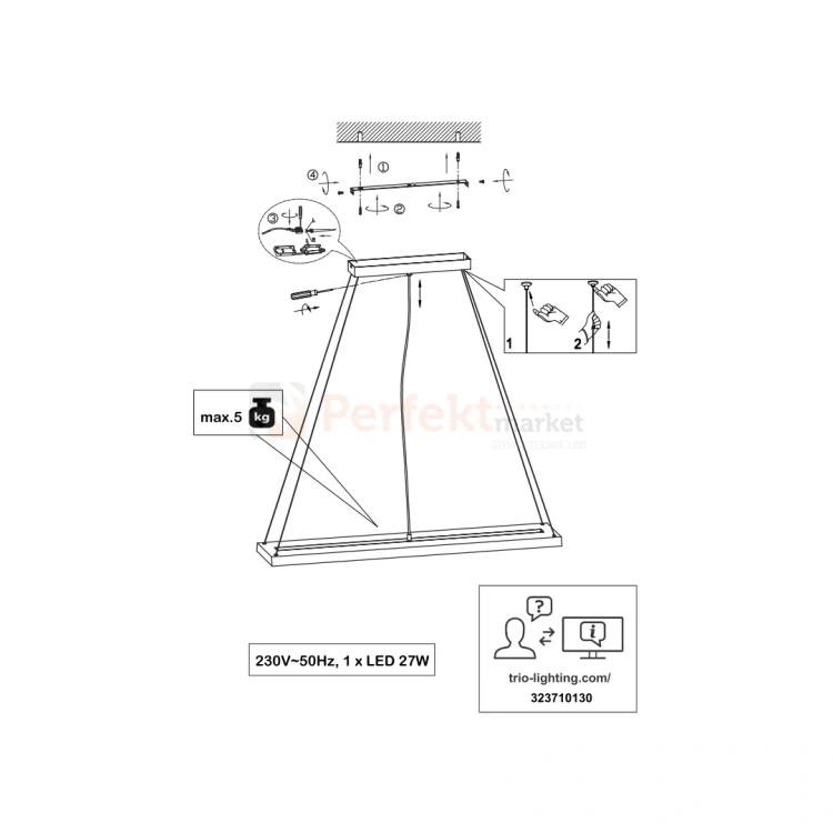 Lampa wisząca LED drewno belka TRIO BRAD 27W 3000K dimm instrukja perfektmarket.webp