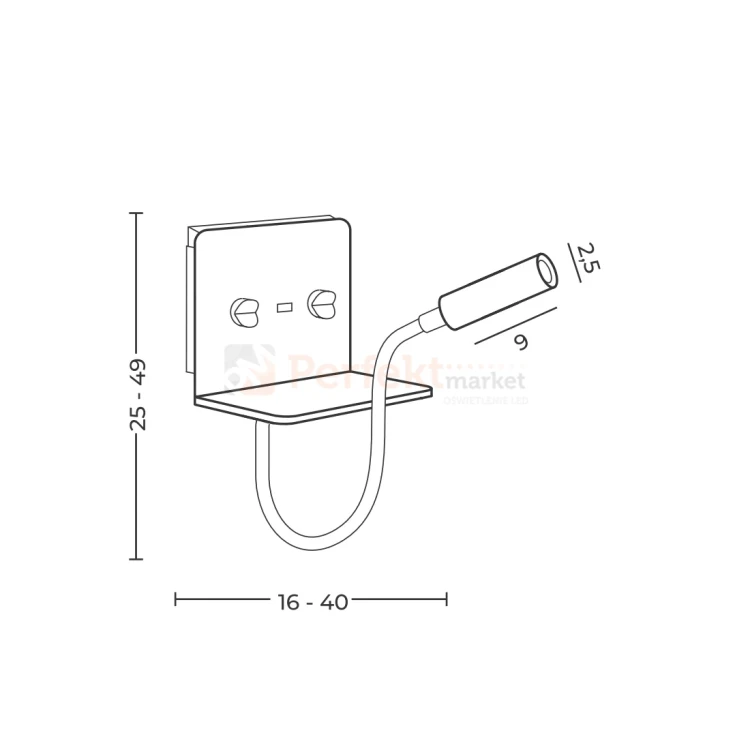 kinkiet ścienny LED z półką i ładowarką USB regulowany wymiary perfektmarket.webp