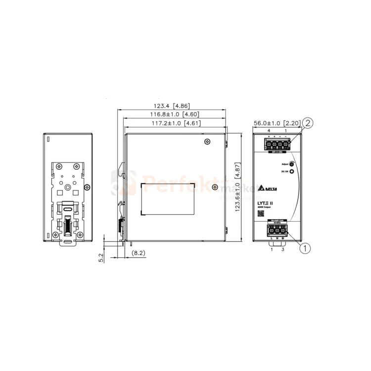 zasilacz na szynę DIN 48V DC 10A 480W Delta z przekaźnikiem wymiary perfektmarket.webp