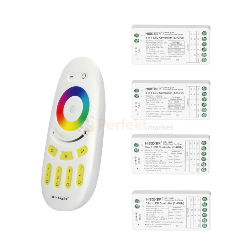 zestaw sterownia RGB miboxer 4 strefowy pilot i 4 odbiorniki wymiary perfektmarket.webp
