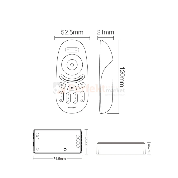 zestaw sterownia RGB miboxer 4 strefowy pilot i 4 odbiorniki wymiary perfektmarket.webp