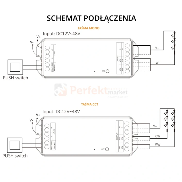 pr2 odbiornik miboxer dużej mocy 20A 12-48W 2w1 mono cct schemat podłączenia perketmarket.webp