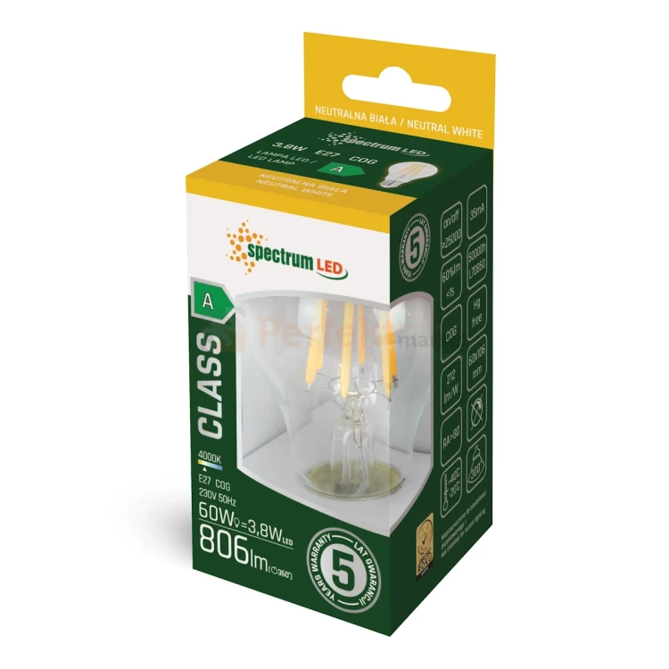 żarówka LED klasa energetyczna A wydajna COG filament neutralna 3.8W spectrumLED box perfektmarket.webp
