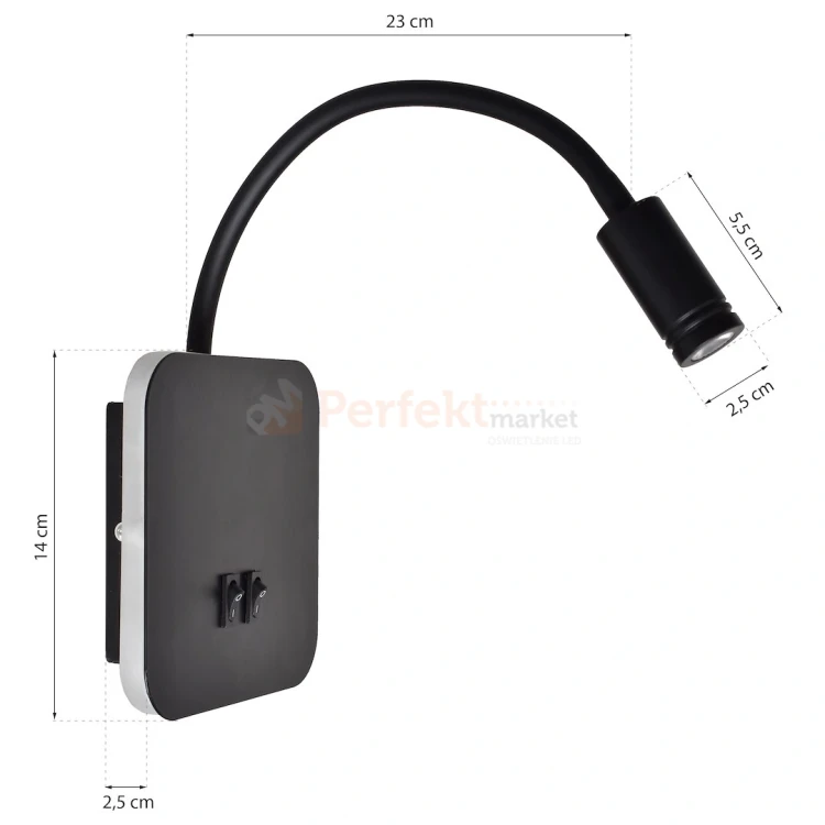 Lampka nocna regulowana z wyłącznikiem BASE 8W+2W czarna ML6352 wymiary perfektmarket.webp
