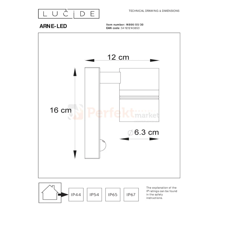 ARNE LED kinkiet ścienny zewnętrzny z czujnikiem ruchu PIR świecący do dołu czarny GU10 IP44 LUCIDE wymiary perfektmarket.webp