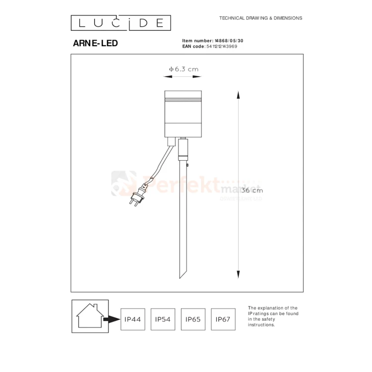 Lampa zewnętrzna wbijana reflektor ARNE LED GU10 2700K 5W IP44 srebrny LUCIDE wymiary perfektmarket.webp