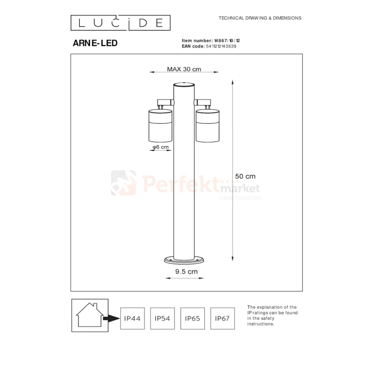 Lampa zewnętrzna stojąca słupek ogrodowy podwójny ARNE LED 2xGU10 2700K 5W IP44 srebrny wymiary perfektmarket.webp