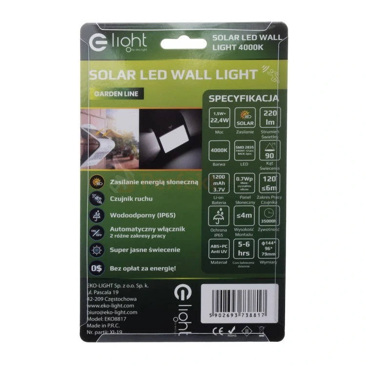 Lampa solarna kinkiet LED z czujnikiem Butterfly biały 1,5W EKO8817 box 2 perfektmarket.webp