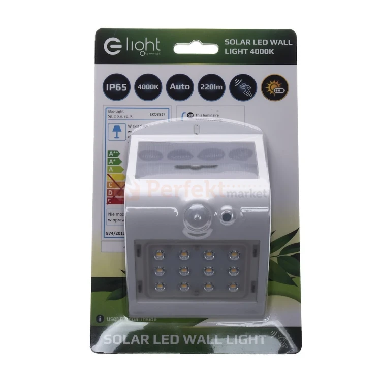 Lampa solarna kinkiet LED z czujnikiem Butterfly biały 1,5W EKO8817 box perfektmarket.webp