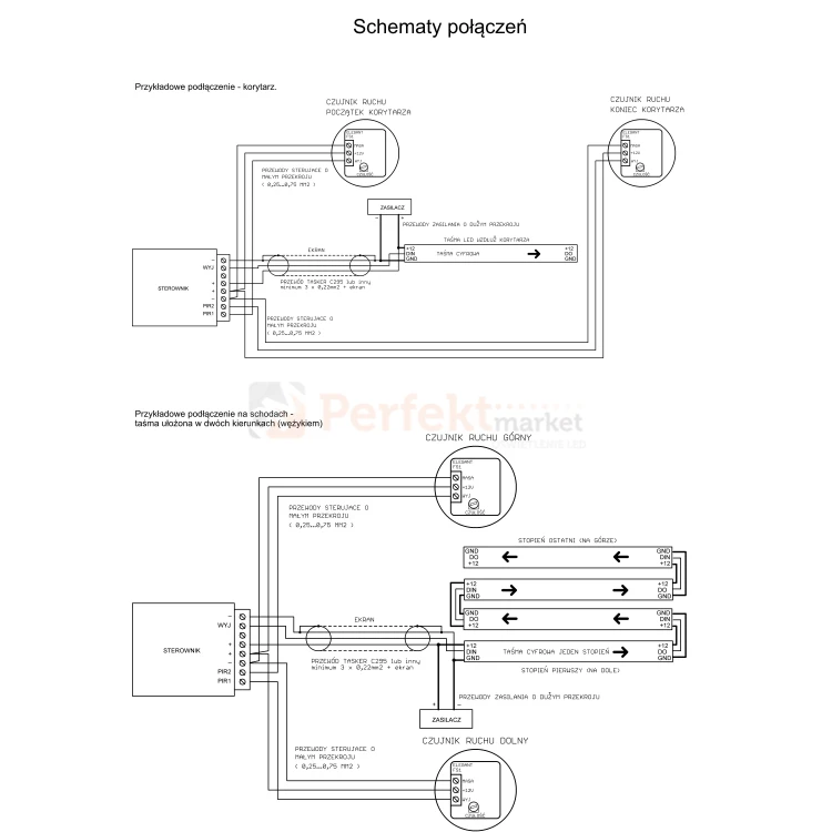 sterownik schodowy do taśm LED cyfrowych 6w1 5-24V uniwersalny ELEGANT FS40 schemat podłączenia perfektmarket.webp