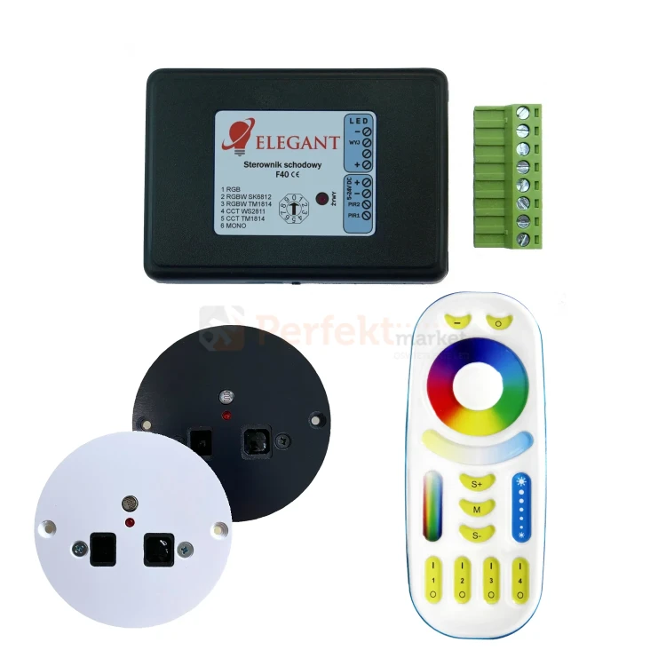 zestaw sterownik schodowy do taśm LED cyfrowych 4w1 5-24V z czujnikami ruchu zmierzchu i pilotem ELEGANT perfektmarket.webp