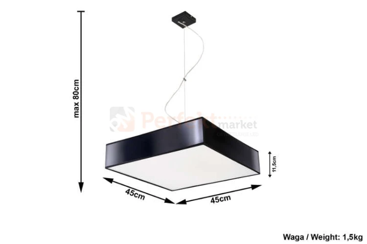 nowoczesna lampa wisząca sufitowa kwadratowa LED HORUS 45 czarna - wymiary