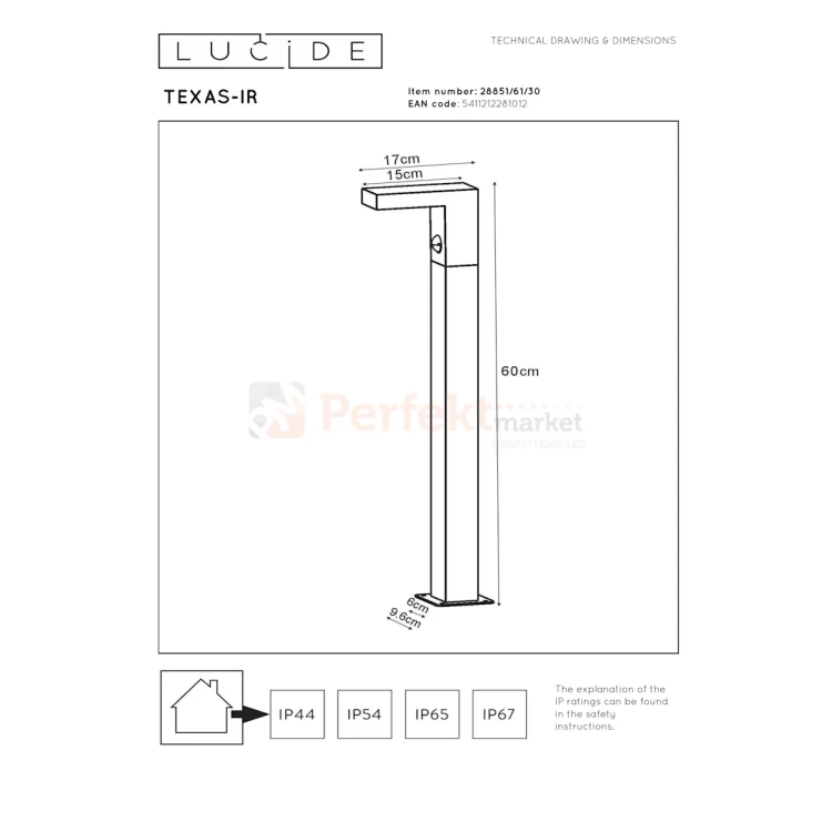 Lampa zewnętrzna stojąca słupek ogrodowy z czujnikiem PIR TEXAS IP54 3000K 60 cm antracyt 288 (4).webp