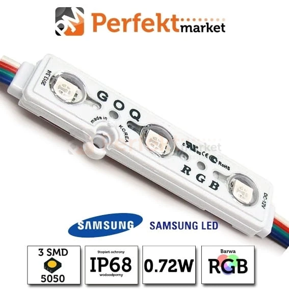 Moduł LED GOQ Samsung 3 SMD 5050 RGB IP68 wodoodporny