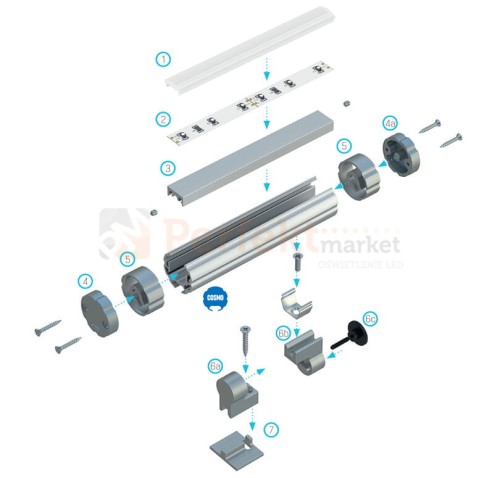 zaślepka aluminiowa do profilu LED typu cosmo z otworem czarna srebrna oświetlenie montaż schemat_led perfektmarkat