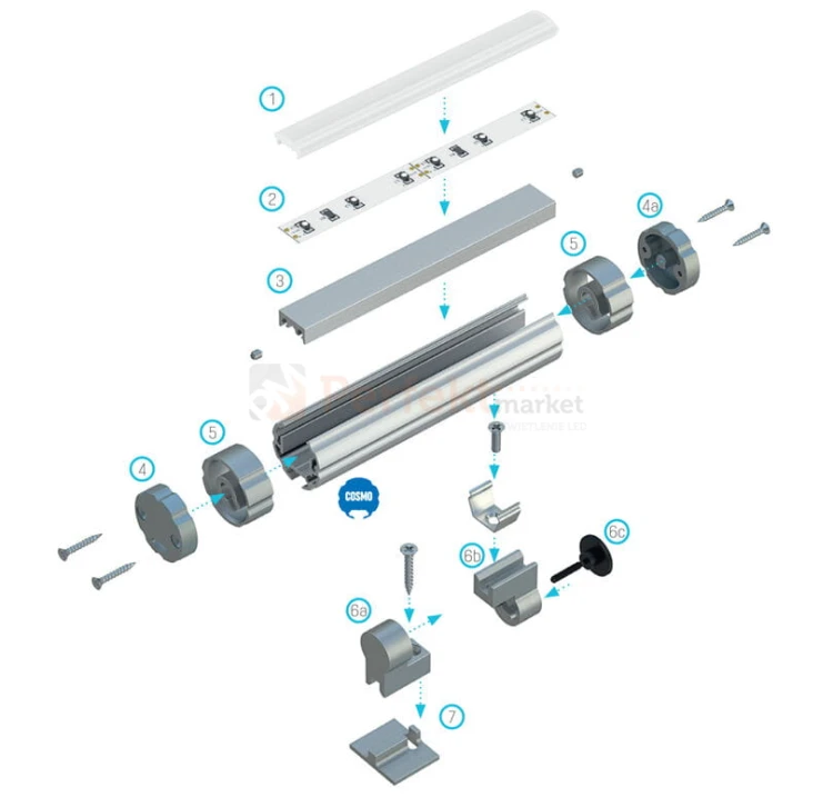 zaślepka aluminiowa do profilu LED typu cosmo z otworem czarna srebrna oświetlenie montaż schemat_led perfektmarkat