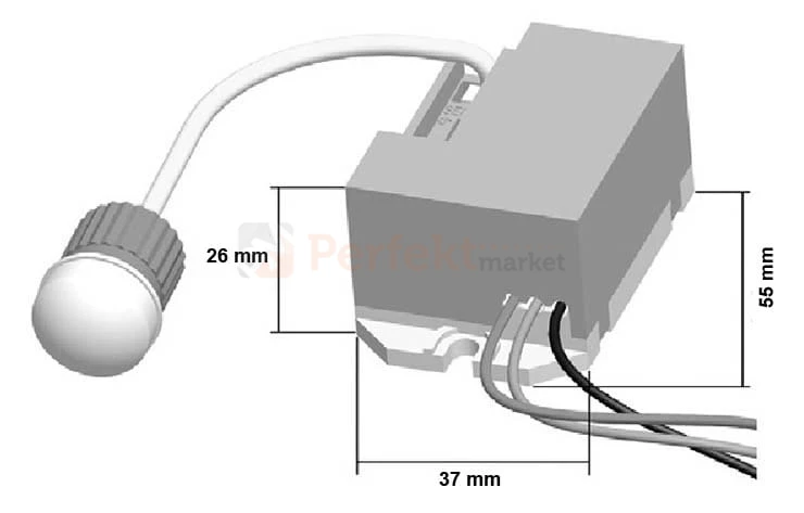 Czujnik ruchu PIR mini 12V-24V z zaznaczonymi najważniejszymi wymiarami.