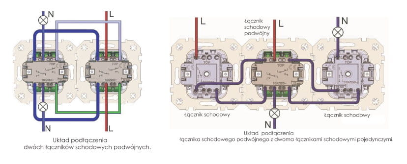 schemat podłączenia łącznika schodowego podwójnego